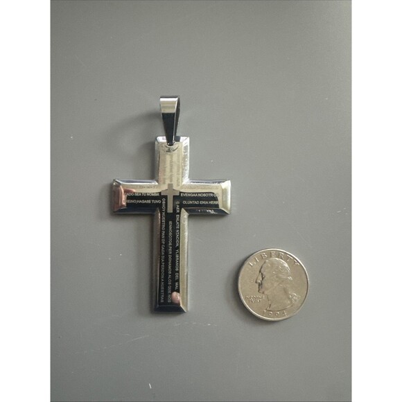 Stainless Steel Cross Pendant Scripture Silver Plated 24 Inch Chain Religious - Picture 3 of 6